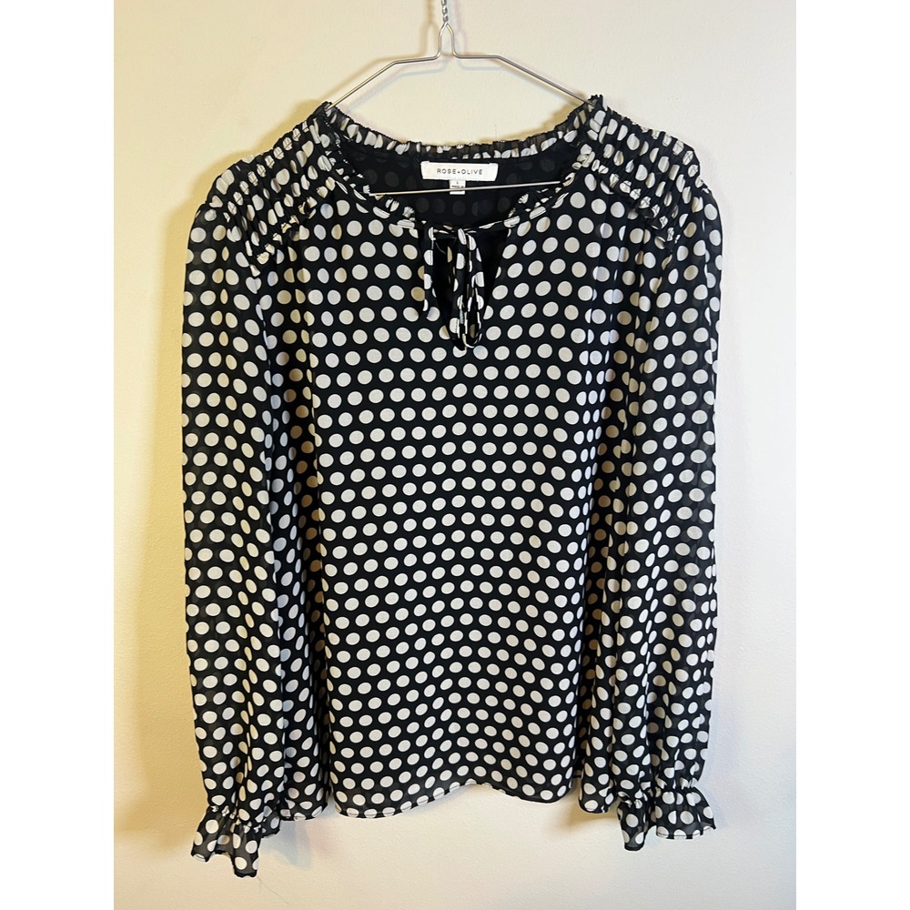Rose + Olive Womens Blouse Polka‎ Dot Ruffle Trim Black Large